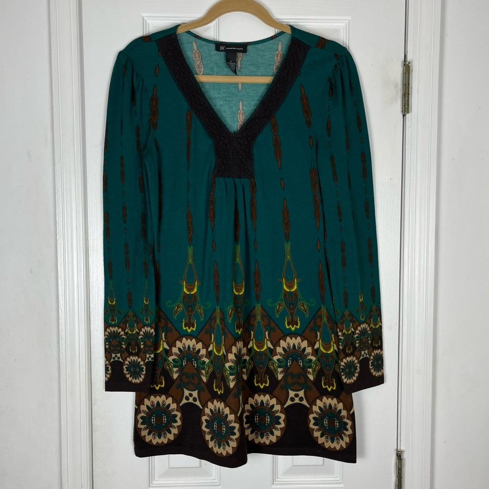 INC International Concepts Y2K Geo Paisley Print Long Sleeve Mini Dress Sz S